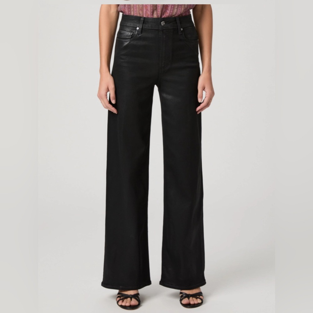 Paige Anessa Coated High-Rise Wide-Leg Black Jeans 25